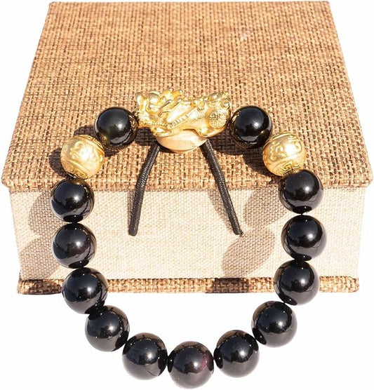 24K Gold Plated PiXiu Dragon Bracelet Feng Shui Bracelet, Obsidian Bracelet Dragon Protection for Men Women, Meditation Prayer Beads Bracelets Meaning to Attract Wealth and Good Luck(12mm)