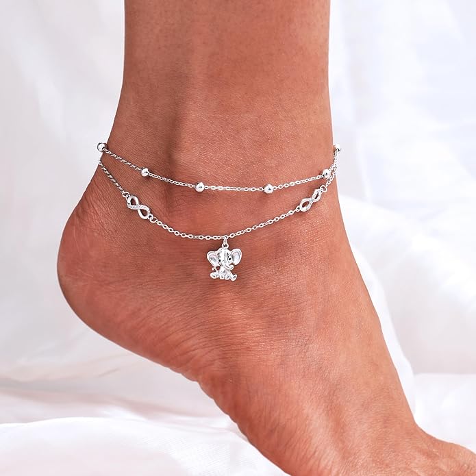 CHIC & ARTSY Womens Sterling Silver Created Opal Layered Anklet Bracelet Dainty Beaded Chain Adjustable 11" Best Friend Anklet