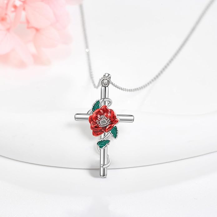 Flower Cross Necklace 925 Sterling Silver Carnation/Rose/Lily/Daisy Cross Necklace Birth Flower Jewelry for Women