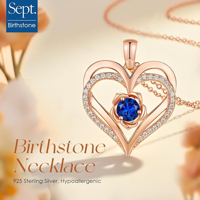 CDE S925 Silver Rose Gold Heart Birthstone Necklaces for Women，Ideal Anniversary or Birthday Jewelry Gifts for Wife Girlfriend Her