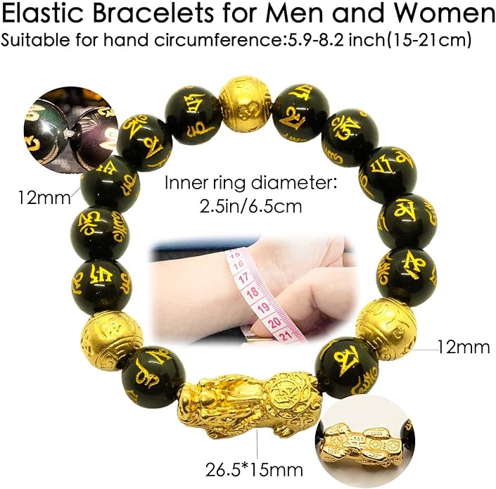 Feng Shui Bracelet 24K Gold Plated PiXiu Bracelet, Obsidian Dragon Protection Meditation Decompression Prayer Beads Lucky Wealth Bracelets for Men Women