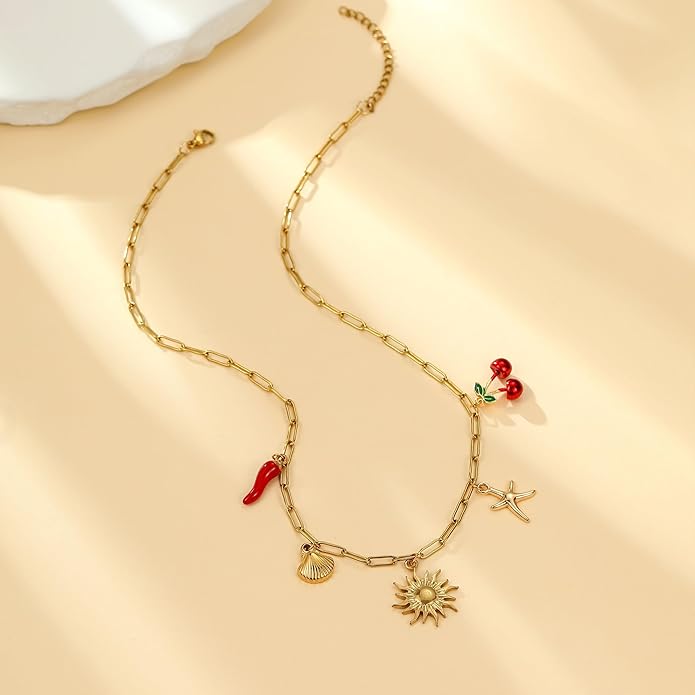 Choistily Charm Necklace Dainty Gold Western Outfit Beach Jewelry for Women Trendy Cowgirl Accessories for Women Gold Bow Sea Shell Pendant Necklace Preppy Stuff Summer Jewelry 2025