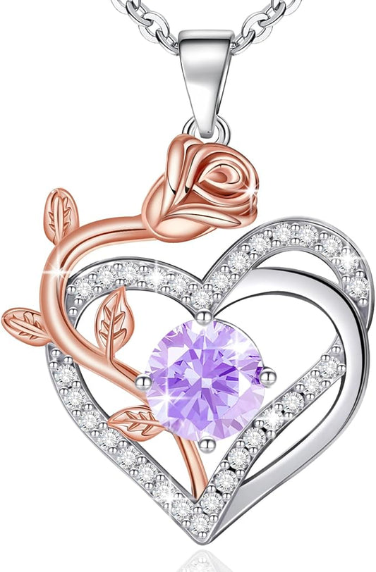 moshen Rose Heart Necklace for Women,925 Sterling Silver Birthstone Pendant - Gift for Women on Valentine's Day, Birthday, Christmas, Anniversary, Mather's Day (06-June-Alexandrite Light Purple)