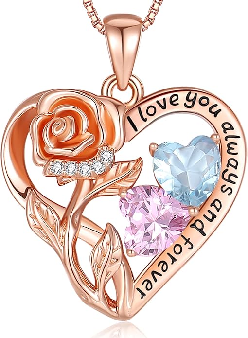 925 Sterling Silver Double Birthstone Rose Flower Heart Jewelry Necklaces for Women Anniversary Love Forever Necklaces for Her Birthday Gifts for Wife Girlfriend Mom Mothers Day Rose Gold
