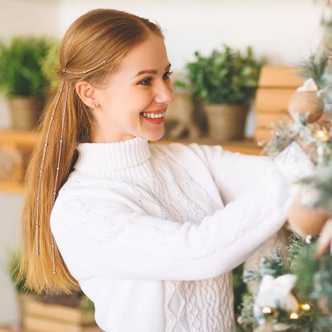 Chunyin 6 Pcs Rhinestone Hair Chains for Women Pearl Charm Rhinestone Hair Jewelry Accessories Crystal Extensions Clips Silver Gold Pins for Braids(Adjustable Silver)