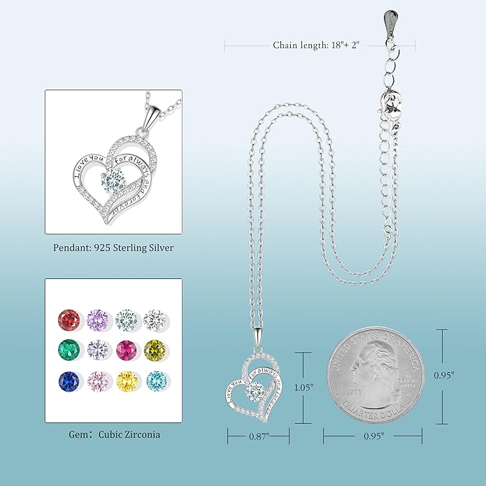 Heart Birthstone Silver Necklace for Women, S925 Sterling Silver Pendant Necklace Birthday Jewelry Gifts for Her Mother Mom Wife Girlfriend