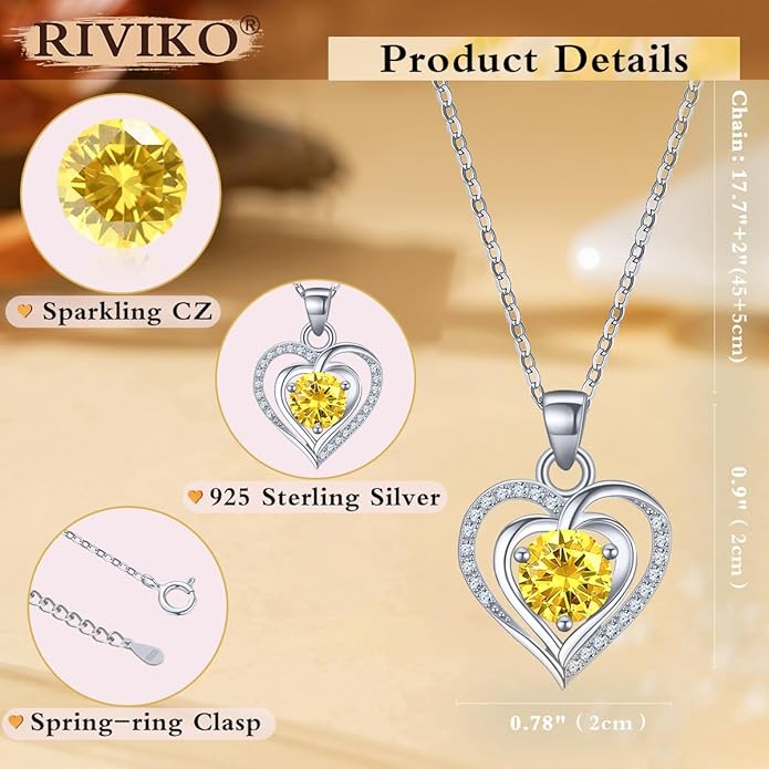RIVIKO Heart Birthstone Pendant Necklace for Women 925 Sterling Silver Zirconia Necklaces Wedding Anniversary Birthday Mothers Day Jewelry Gifts For Her Mother Wife