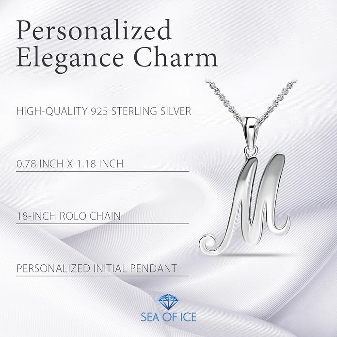 SEA OF ICE Letter Initial Necklace, Alphabet Letter Pendant Necklace, Sterling Silver, Gold, Rose Gold Necklace for Women, Elegant Initial Necklaces, Personalized Custom Women's Necklaces