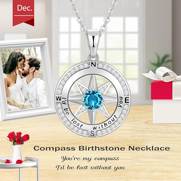 Peeshow Gifts for Women Wife-Compass Birthstone Necklace Gift for Wife Birthday Wedding Anniversary Women Jewelry for Her Girlfriend S925 Sterling Silver