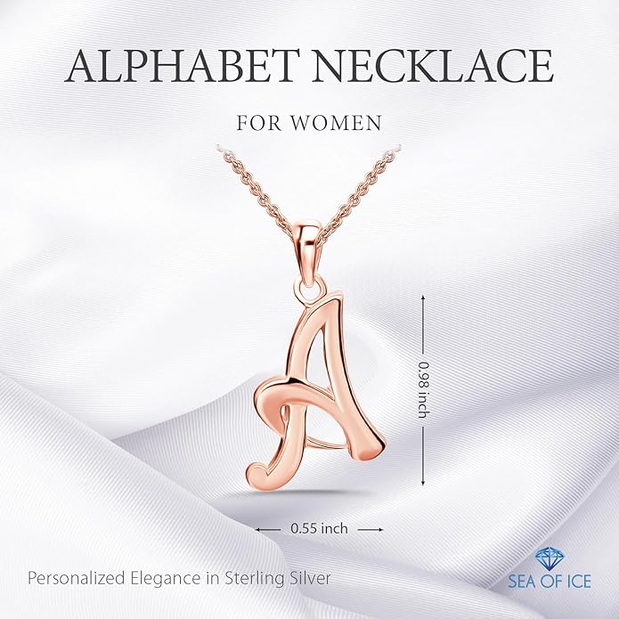 SEA OF ICE Letter Initial Necklace, Alphabet Letter Pendant Necklace, Sterling Silver, Gold, Rose Gold Necklace for Women, Elegant Initial Necklaces, Personalized Custom Women's Necklaces