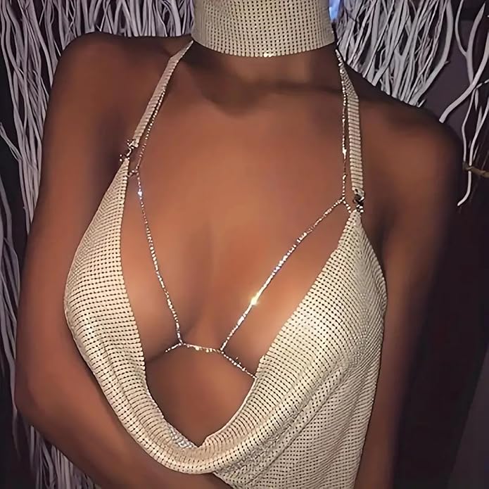 14K Gold Body Chains for Women, Sexy Layered Belly Waist Chain Bikini Bra Chain, Summer Beach Rhinestone Body Jewelry