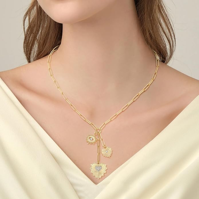 Charm Necklace for Women Gold Evil Eye Sun Moon Flower Coin Pendant Necklace Dainty Paperclip Chain Vintage Luck Amulet Choker Necklaces Celestial Jewelry Gift