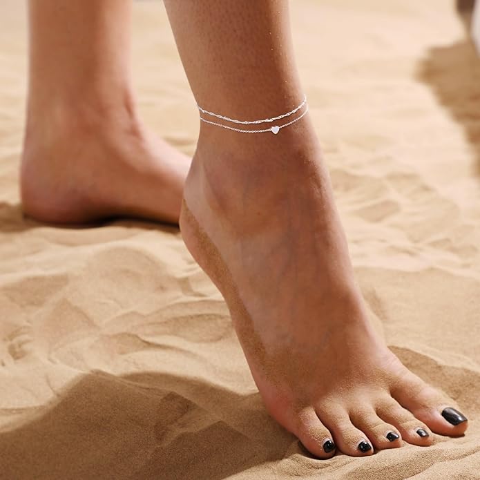 Ankle Bracelets for Women 14K Real Gold Silver Plated Ankle Bracelets Waterproof Heart Beads Rope Satellite Anklets Set Adjustable Layered Anklet Bracelets No Tarnish Summer Beach Jewelry Gift