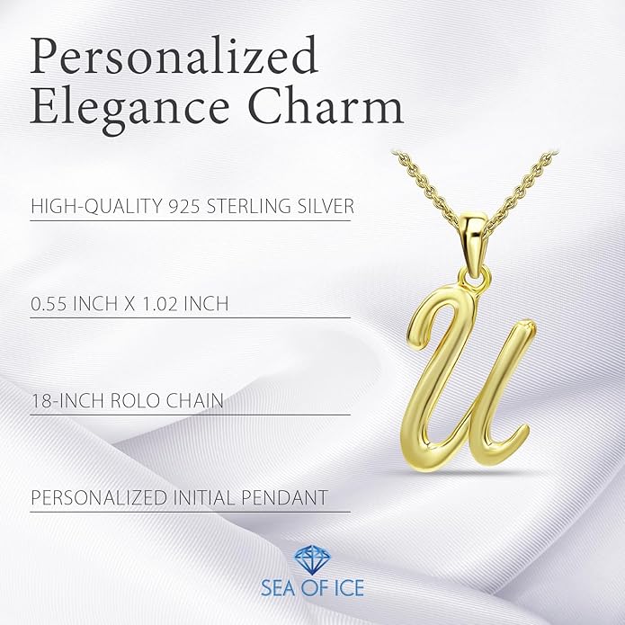 SEA OF ICE Letter Initial Necklace, Alphabet Letter Pendant Necklace, Sterling Silver, Gold, Rose Gold Necklace for Women, Elegant Initial Necklaces, Personalized Custom Women's Necklaces