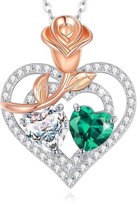 AGVANA Birthstone Necklace for Women Sterling Silver Rose Flower Heart Double Birthstone Jewelry Pendant Necklace Anniversary Birthday Gifts for Women Mom Wife Girlfriend Her