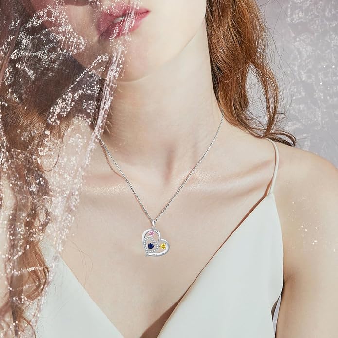 10K 14K 18K Gold Natural Diamond Personalized Mother Name Necklace with 1-6 Birthstones Sterling Silver Custom Heart Name Necklace for Women Mom Grandmother Wife Friend Gifts for Mother's Day