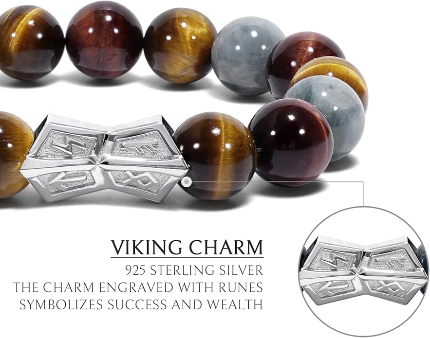 AWNL® Men's Beaded Bracelet with Sterling Silver Engraved Runes Charm 12mm Bronzite Dumortierite Obsidian Natural Gemstone Gift for Men, 6.1''-7.9''