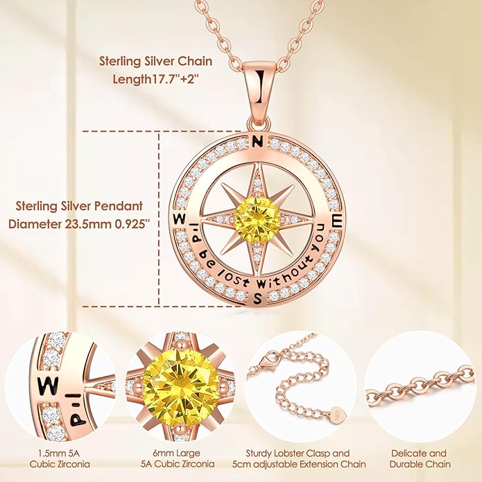 Compass Necklace Gifts for Women wife - S925 Sterling Silver Birthstone Necklaces for Women - Anniversary Birthday Gifts for Her Wife Girlfriend - Valentines Mom Mothers Day Christmas Gifts Jewelry for Women