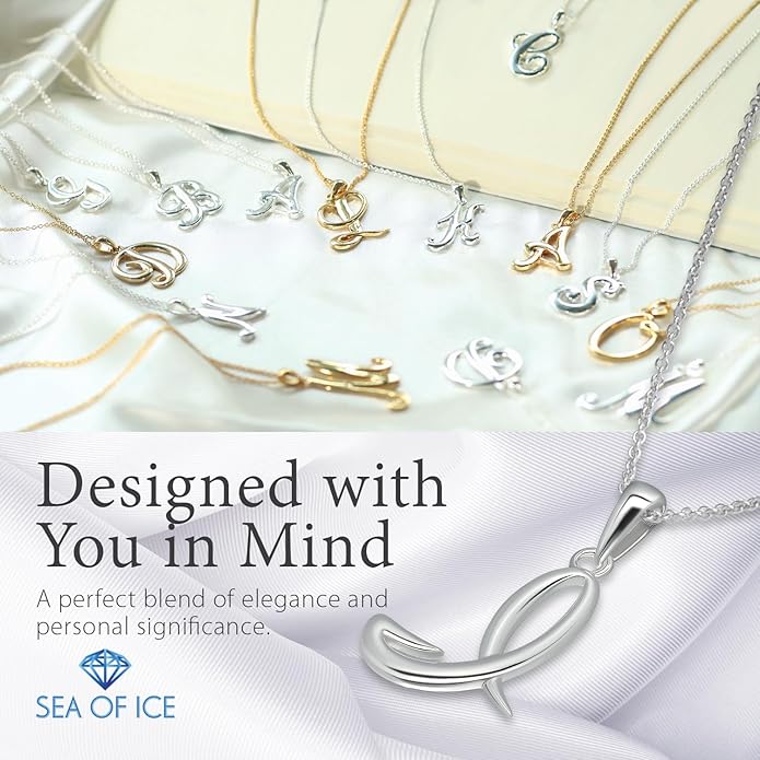 SEA OF ICE Letter Initial Necklace, Alphabet Letter Pendant Necklace, Sterling Silver, Gold, Rose Gold Necklace for Women, Elegant Initial Necklaces, Personalized Custom Women's Necklaces