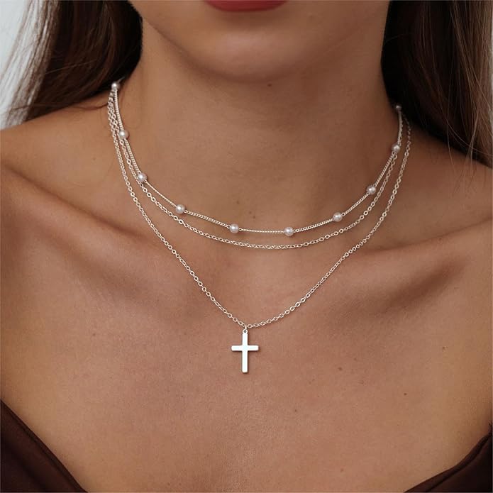 ASCOMY Layered Necklaces for Women Dainty Gold Necklace 14K Gold Plated Herringbone Necklace for Women Pearl Cross Necklace Paperclip Cuban Figaro Rope Satellite Chain Gold Choker Trendy Jewelry Gift
