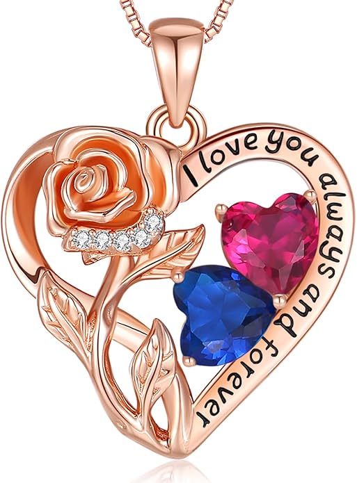 925 Sterling Silver Double Birthstone Rose Flower Heart Jewelry Necklaces for Women Anniversary Love Forever Necklaces for Her Birthday Gifts for Wife Girlfriend Mom Mothers Day Rose Gold