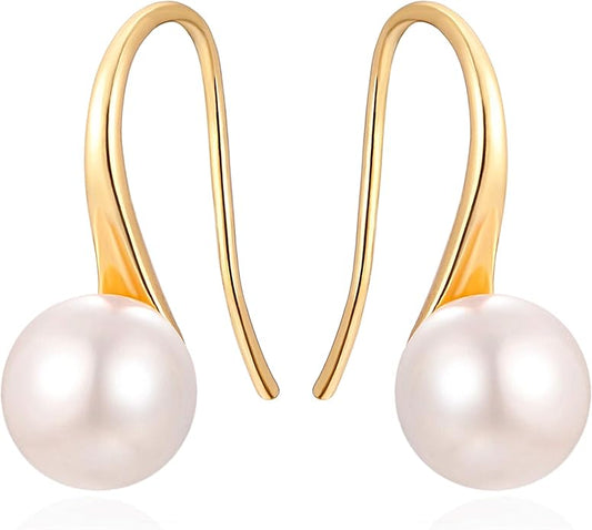 925 Sterling Silver Hoop Handpicked AAA+ Quality 7.5-8mm White Freshwater Cultured Pearl Dangle Drop Earrings Jewelry for Women