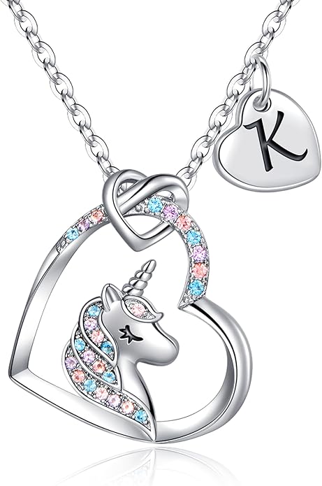 Hidepoo Unicorn Necklace Gifts for Girls Daughter - Colorful CZ Heart Pendant Initial Unicorn Necklaces for Girl Teens Little Girls Jewelry Birthday Gift