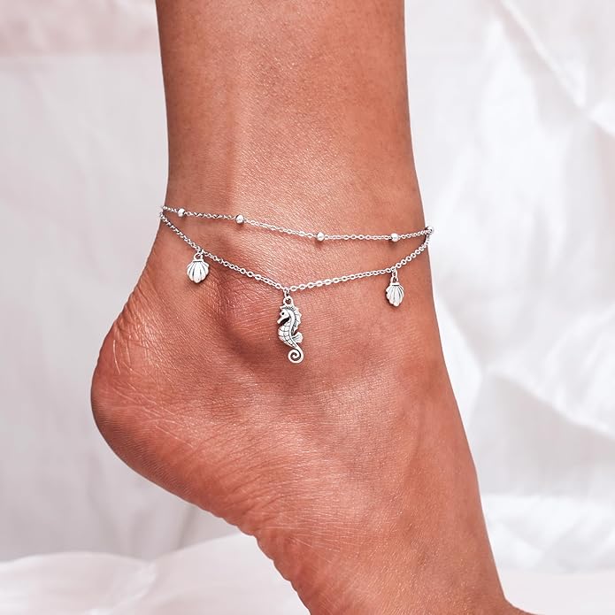 CHIC & ARTSY Womens Sterling Silver Created Opal Layered Anklet Bracelet Dainty Beaded Chain Adjustable 11" Best Friend Anklet