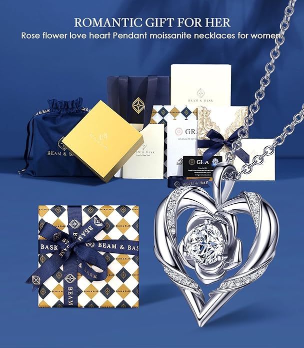Beam & Bask Rose Flower Heart Moissanite Necklaces for Wife, S925 Silver Pendant for Women, 18K Gold Plated Jewelry for Her Girlfriend Mom for Anniversary Birthday