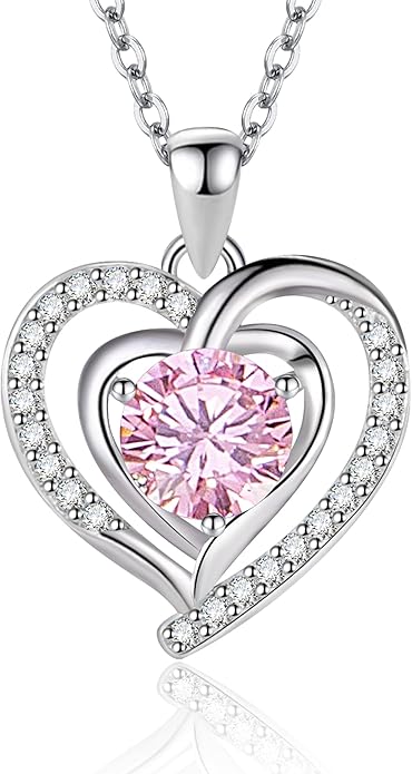 Heart Necklace, I Love You Always & Forever, Birthstone Cubic Zirconia Pendant, Gift for Women