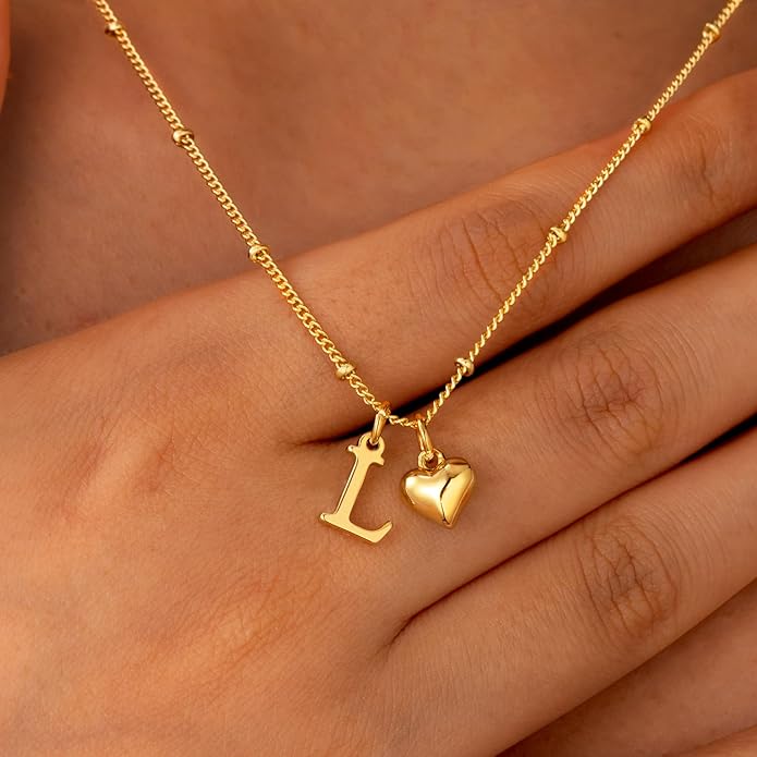 M MOOHAM Gold Heart Initial Necklace for Women Girls - 14K Gold Plated Letter A-Z Pendant Necklace Dainty Heart Necklaces Tiny Initial Necklaces Birthday Gifts for Women Jewelry