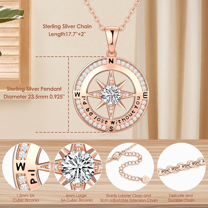 Compass Necklace Gifts for Women wife - S925 Sterling Silver Birthstone Necklaces for Women - Anniversary Birthday Gifts for Her Wife Girlfriend - Valentines Mom Mothers Day Christmas Gifts Jewelry for Women