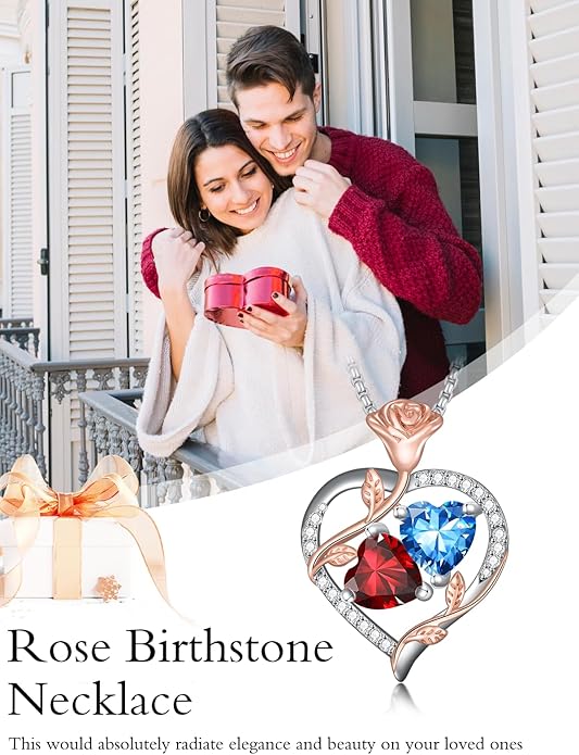 Jewelry for Her Double Heart Rose Birthstone Pendant Necklace Anniversary Jewelry Christmas Birthday Gifts for Women Wife Girlfriend