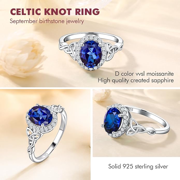 DAYBYDAY Celtic Birthstone Rings for Women 925 Sterling Silver Heart/Round/Pear/Oval Created Gemstone Moissanite Halo Engagement Promise Rings for Her Wife Birthday Anniversary Wedding Jewelry