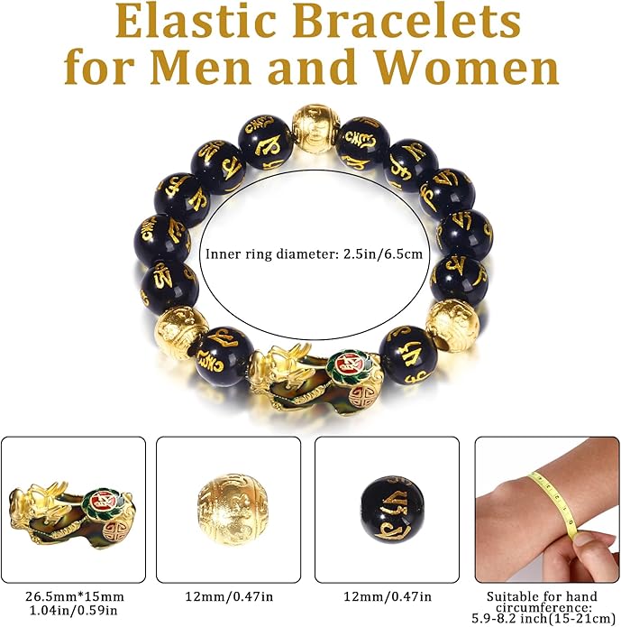 Feng Shui Bracelet Obsidian Bracelet, 24k Gold Plated PiXiu Dragon Protection for Men Women, 12mm Mantra Prayer Beads Bracelets Meditation Decompression Meaning to Attract Wealth, Good Luck