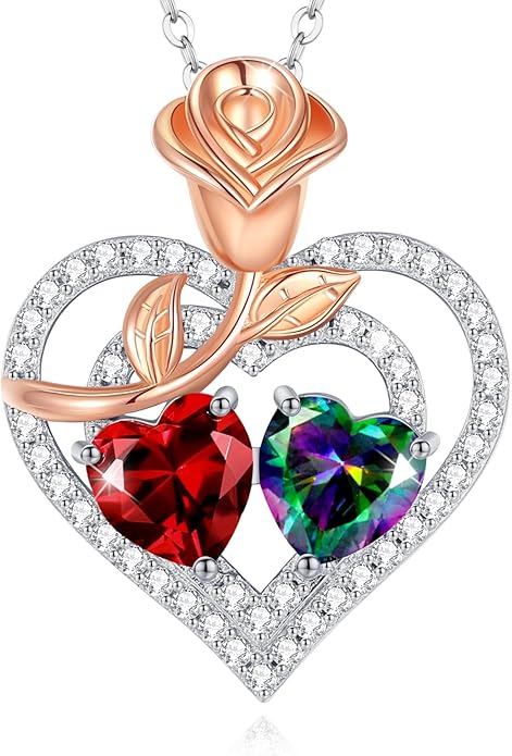 AGVANA Birthstone Necklace for Women Sterling Silver Rose Flower Heart Double Birthstone Jewelry Pendant Necklace Anniversary Birthday Gifts for Women Mom Wife Girlfriend Her