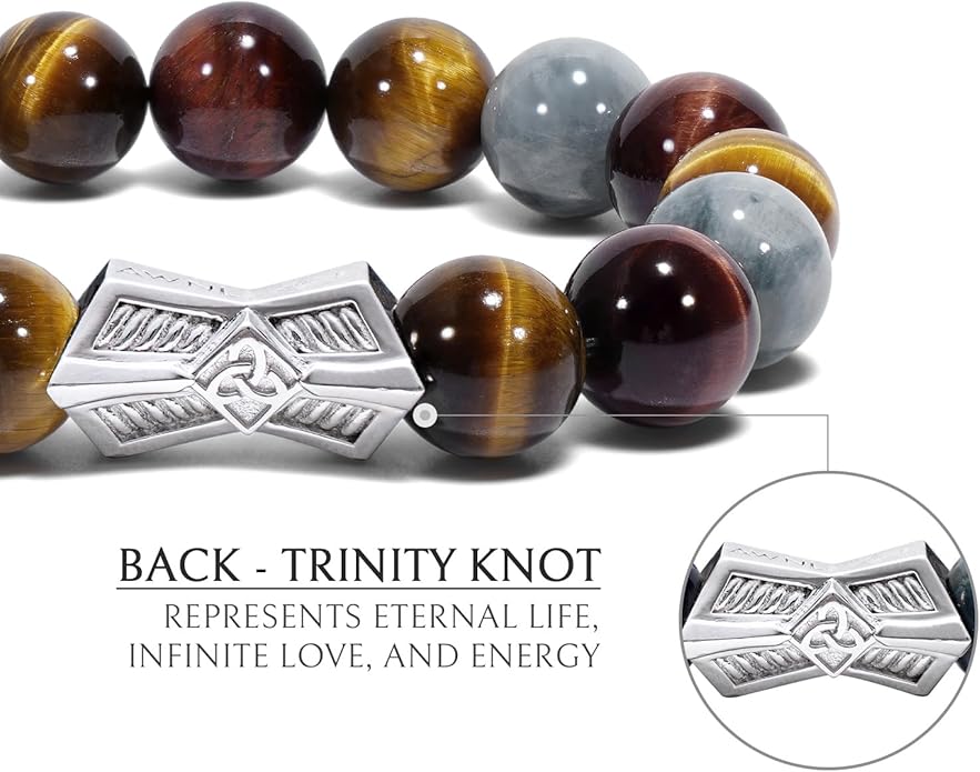 AWNL® Men's Beaded Bracelet with Sterling Silver Engraved Runes Charm 12mm Bronzite Dumortierite Obsidian Natural Gemstone Gift for Men, 6.1''-7.9''