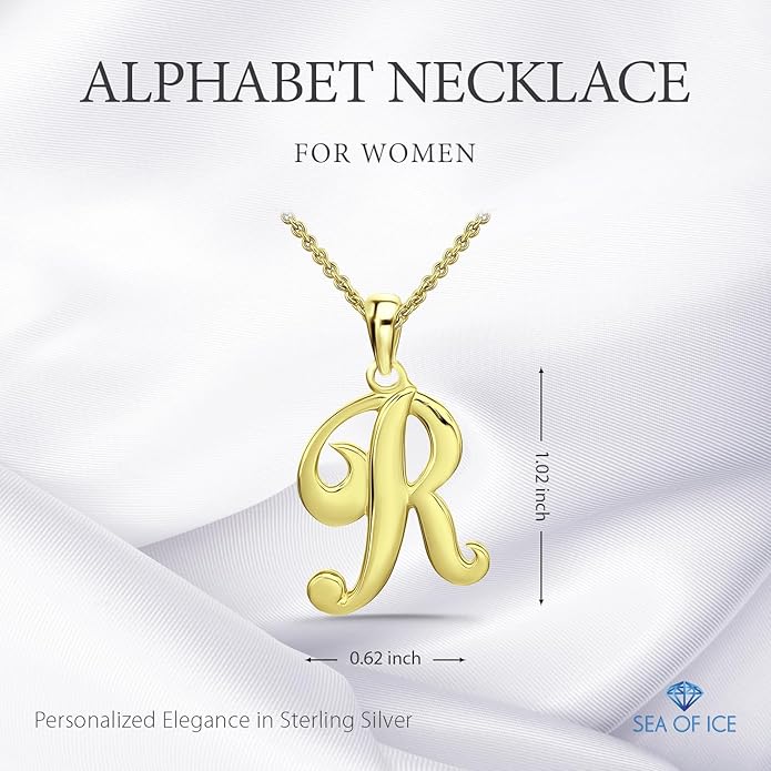 SEA OF ICE Letter Initial Necklace, Alphabet Letter Pendant Necklace, Sterling Silver, Gold, Rose Gold Necklace for Women, Elegant Initial Necklaces, Personalized Custom Women's Necklaces