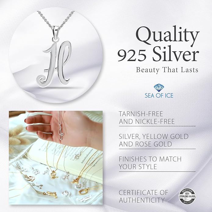 SEA OF ICE Letter Initial Necklace, Alphabet Letter Pendant Necklace, Sterling Silver, Gold, Rose Gold Necklace for Women, Elegant Initial Necklaces, Personalized Custom Women's Necklaces