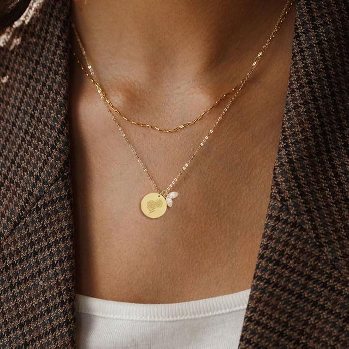 14k Gold Plated Birth Month Flower Birthstone Pendant Necklace, Floral Charm Necklace for Women Birthday Gift