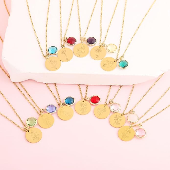 14k Gold Plated Birth Month Flower Birthstone Pendant Necklace, Floral Charm Necklace for Women Birthday Gift