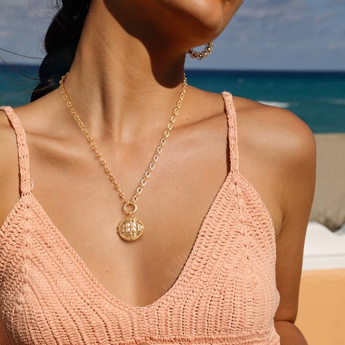 18k Gold Chain Link Necklace for Women, Baroque Pearl/Compass Pendant Necklace