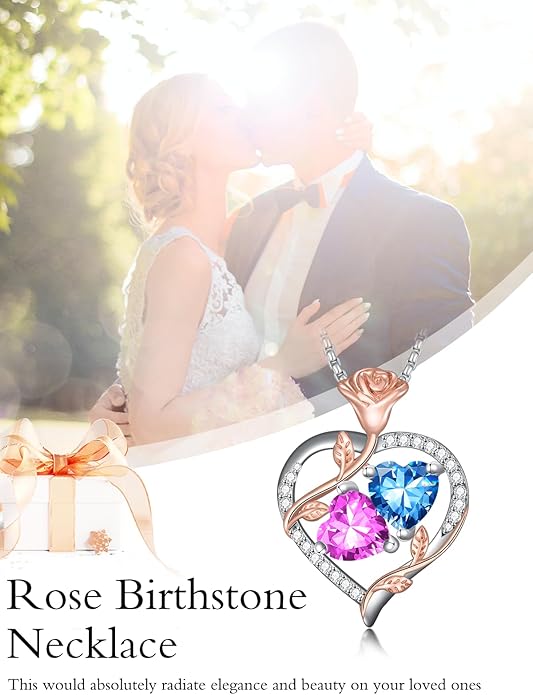 Jewelry for Her Double Heart Rose Birthstone Pendant Necklace Anniversary Jewelry Christmas Birthday Gifts for Women Wife Girlfriend