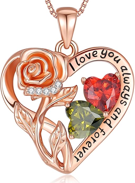 925 Sterling Silver Double Birthstone Rose Flower Heart Jewelry Necklaces for Women Anniversary Love Forever Necklaces for Her Birthday Gifts for Wife Girlfriend Mom Mothers Day Rose Gold