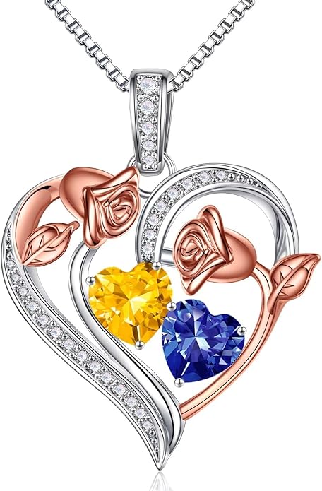 Iefil Birthstone Necklace for Women - 925 Sterling Silver Rose Heart Necklace, Birthstone Jewelry, Anniversary Birthday Gifts for Wife Girlfriend Mom Daughter