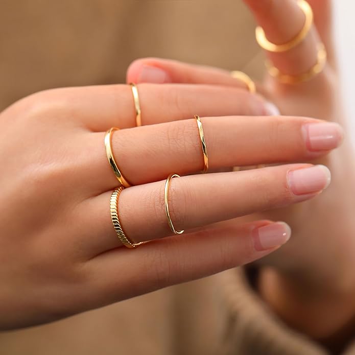 WFYOU 10 Pcs 1-2mm 18K Gold Plated Simple Rings for Women Band Knuckle Stacking Midi Rings Elegant Classic Minimalist Rings Comfort Fit