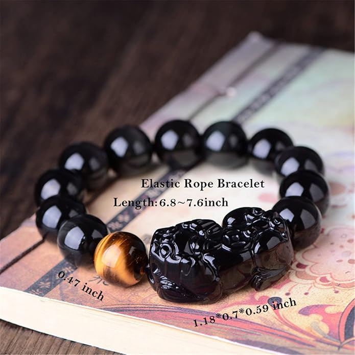Black Obsidian Bracelet,Feng Shui Black Obsidian Wealth Bracelet for Women Men Stretch Obsidian Bracelet Bangle with Pixiu Tiger Eye Stone Attract Wealth Money and Good Luck
