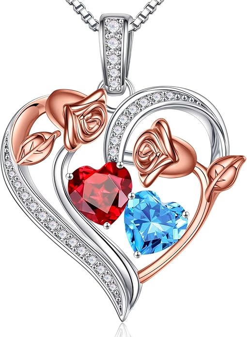Iefil Birthstone Necklace for Women - 925 Sterling Silver Rose Heart Necklace, Birthstone Jewelry, Anniversary Birthday Gifts for Wife Girlfriend Mom Daughter