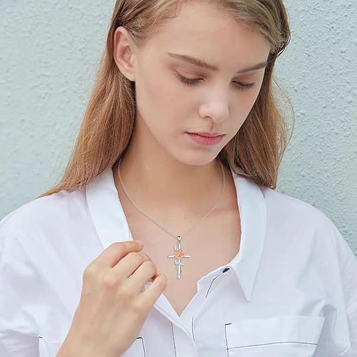 Flower Cross Necklace 925 Sterling Silver Carnation/Rose/Lily/Daisy Cross Necklace Birth Flower Jewelry for Women