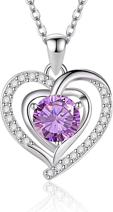 Heart Necklace, I Love You Always & Forever, Birthstone Cubic Zirconia Pendant, Gift for Women